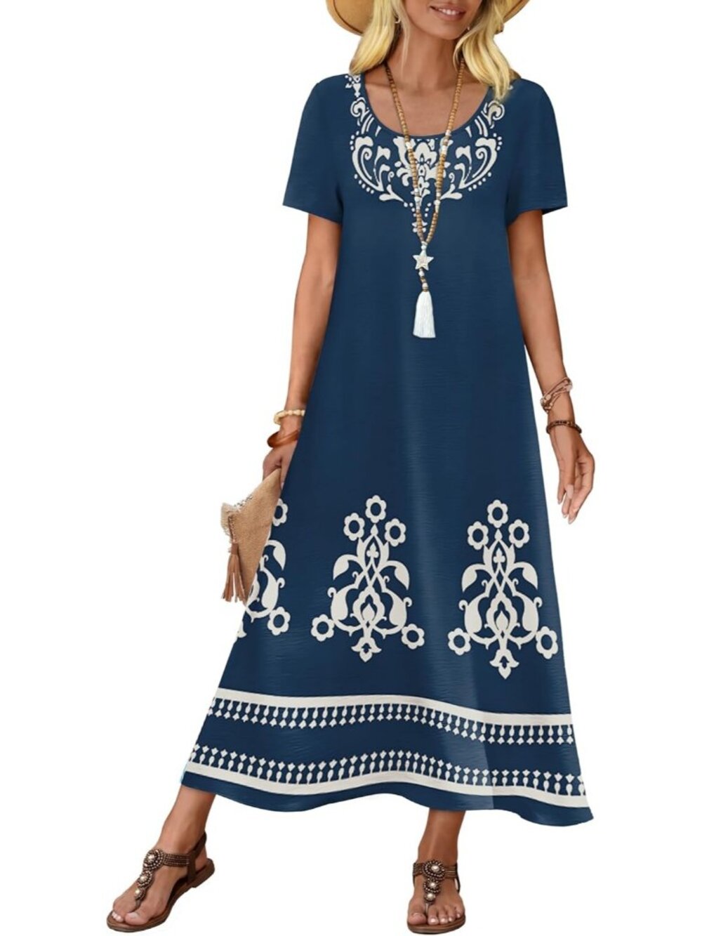 Women Dress Midi Navy Polyester Crew Neck Short Sleeve Lightweight  Summer